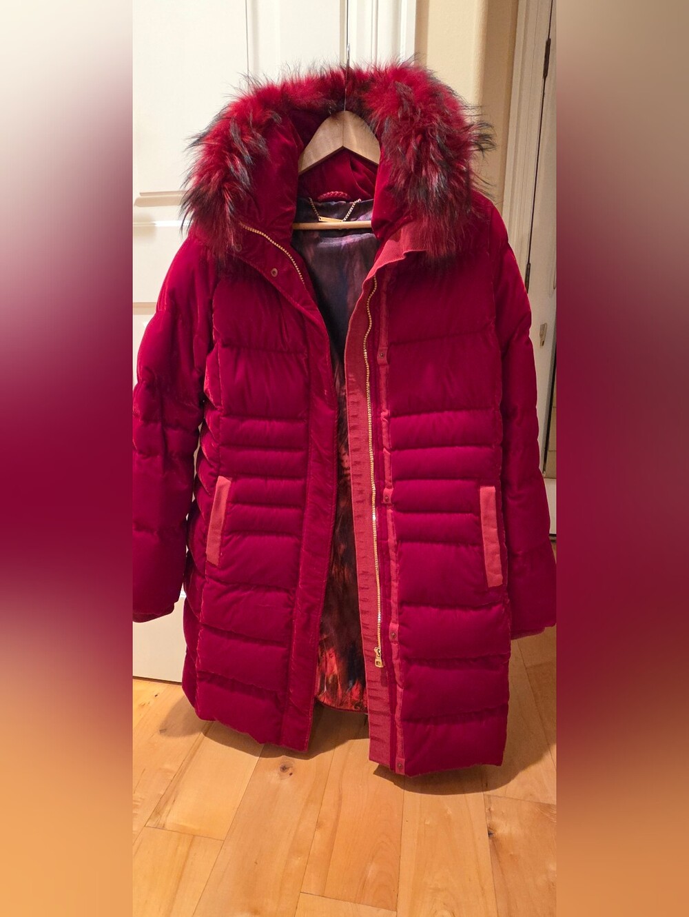 Elie Tahari Ruby Red Quilted Puffer Coat with Faux-Fur Trim